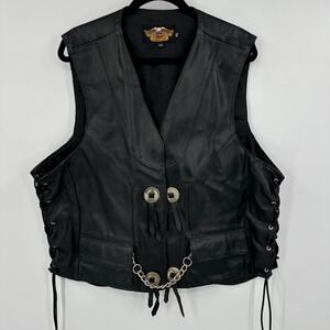 Harley‎ Davidson Leather Biker Vest Mens XL Lace Up Chain Accents Made USA